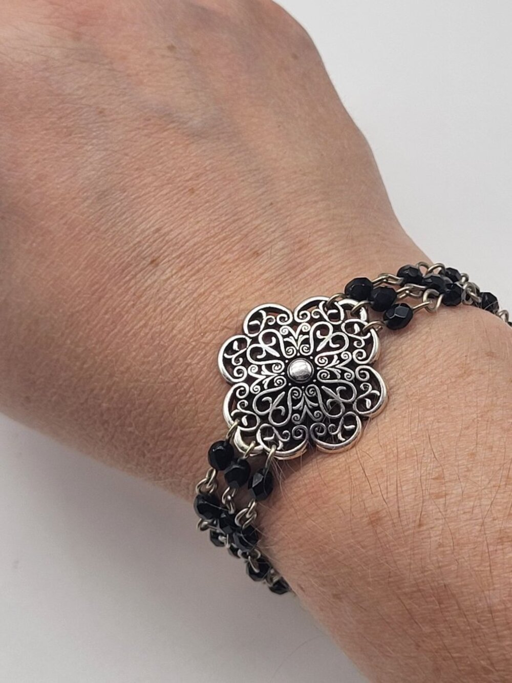 Brighton Queen Anne Bracelet Silver Tone filigree floral black bead multi strand